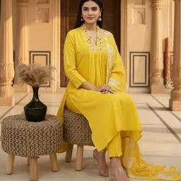 FIDHARA Embroidered Pleated Thread Work Pure Silk A-Line Kurta With Trousers & Dupatta image 4