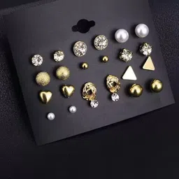 PolluxCraft Set of 12 Gold-Plated Stones Studded And Beaded Circular Shaped Korean Studs-picture-18