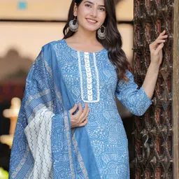 JAIPURI COLLECTION Women Printed Thread Work Pure Cotton Kurta with Trousers & Dupatta image 5