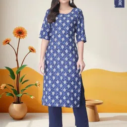 HERE&NOW Selection Of 2 Floral Printed Round Neck Straight Kurtas-picture-15