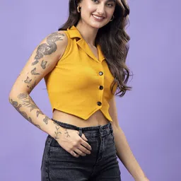 Popwings Self Design Notched Lapel Collar Sleeveless Corduroy Weave Waistcoat image 3