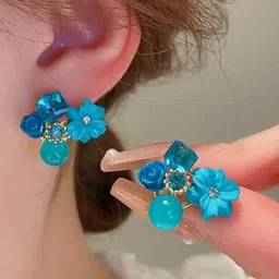 kazare Rhodium-Plated Artificial Stones Studded & Pearls Beaded Floral Drop Earrings image 2