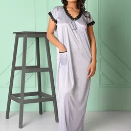 Apratim Women V-Neck Satin Maxi Nightdress-picture-30