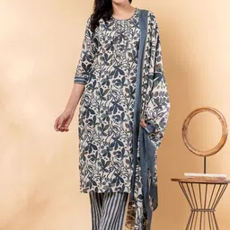 Readiprint Floral Printed Round Neck Mirror Work Straight Kurta With Trousers & Dupatta-picture-35