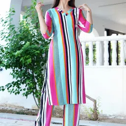 Dhibha Striped Printed V-Neck Straight Kurta With Trouser-picture-27