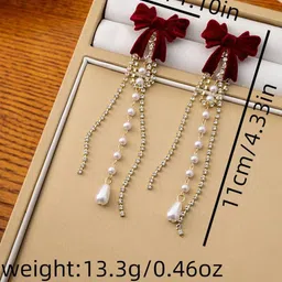 Celestique CZ Studded & Pearls Beaded Bow Shaped Korean Tasselled Drop Earrings image 4