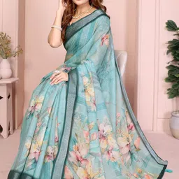 PRISHIL ENTERPRISE Floral Pure Linen Saree image 5