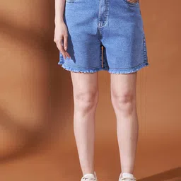 Purple Feather Women Washed High-Rise Denim Shorts Technology-image-53