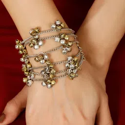 VIVAZS Gold-Plated Ghungroo Beaded Oxidised Link Bracelet-picture-13