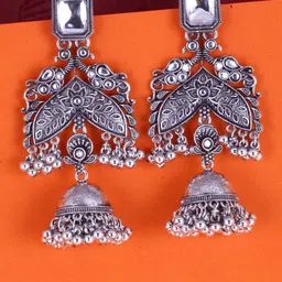 MEENAZ Silver-Plated Oxidised Stone Studded Dome Shaped Jhumkas-picture-15