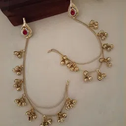 Sanjog Brass-Plated Kundan Studded & Beaded Contemporary Kashmiri Drop Earrings With Chain image 3