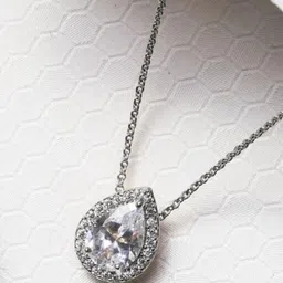Zarkan Sterling Silver Rhodium Plated Cubic Zirconia Studded Teardrop Pendant With Chain-image-9