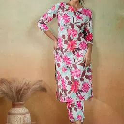 Women Basket Floral Printed Pure Cotton Notch Neck Straight Kurta With Trousers-picture-41
