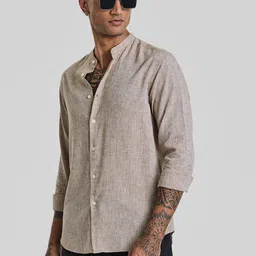 Snitch Men Smart Band Collar Solid Linen Slim Fit Casual Shirt-image-32