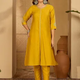 Sangria Women Yellow Embroidered Kurta Sets With Dupatta-picture-13