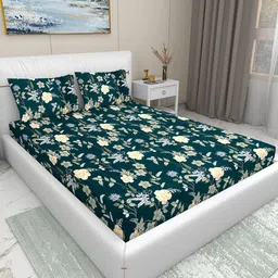 Aura Green & Cream-Coloured Floral 220 TC King Bedsheet with 2 Pillow Covers-image-57