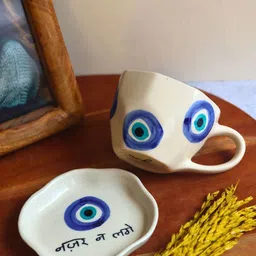 WEAVING HOMES White & Blue 2 Pieces Evil Eye Printed Ceramic Glossy Mugs-image-2