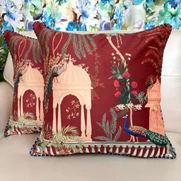 TARA- Sparkling Homes Red & Beige Set of 2 Floral Velvet Square Cushion Covers image 1