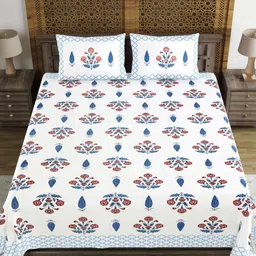 Sangria White & Blue Printed 210 TC Double Bedsheet With 2 Pillow Covers- 2.7 m x 2.2 m image 4