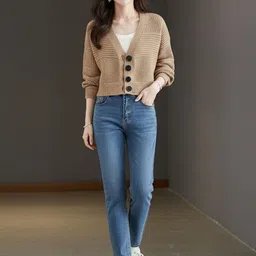 HERE&NOW Women Solid V-Neck Cardigan-image-95