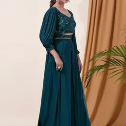 PARROT CREATION Floral Embroidered Poly Georgette V-Neck Crop Top With Palazzos image 4