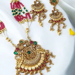 Adwitiya Collection Gold-Plated Studded & Beaded Antique Floral Motifs Jewellery Set-image-29
