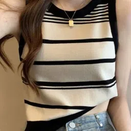 HERE&NOW Women Round Neck Sleeveless Horizontal Stripes Top-picture-21