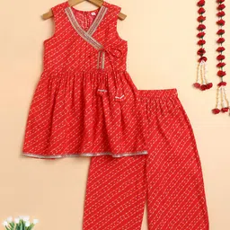 The Magic Wand Girls Leheriya Printed V-Neck Pure Cotton Kurti With Trousers-picture-42