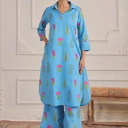 CRAFIQA Printed Shirt Collar Tunic with Palazzo Co-Ords-picture-28