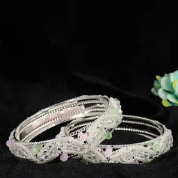 ZULKA Set of 2 White & Pink Beaded Silver-Plated Metal Bangles-picture-22