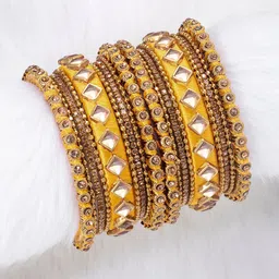 Peora Set of 16 Yellow Handcrafted Silk Thread Kundan Chuda Bangles image 1