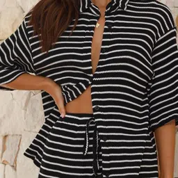 MIAKEE Striped Shirt Collar Top With Shorts Co-Ords Set image 2