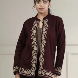 Zamour Floral Embroidered Mandarin Collar Open Front Shrug image 3