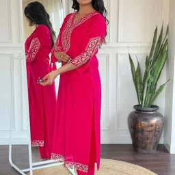 KALINI Floral Embroidered V-Neck Straight Kurta With Trousers & Dupatta image 4