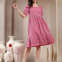 Tzelynn Women Square Neck Puff Sleeve Pure Cotton Fit & Flare Dress-picture-11