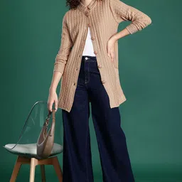 Cayman Self Design Cable Knit Mock Collar Woollen Longline Cardigan image 3