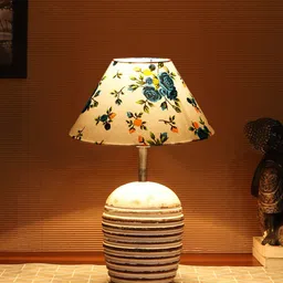 Devansh White & Blue Printed Wooden Table Lamp With Cotton Shade image 5