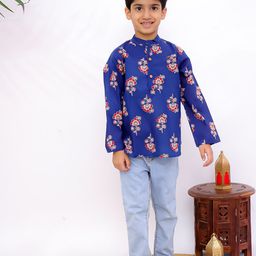 Superminis Boys Floral Printed Band Collar Pure Cotton Short Kurta-picture-47
