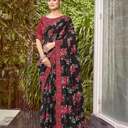 Zeekha Floral Beads and Stones Pure Georgette Kanjeevaram Printed Saree-image-7