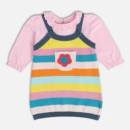 MINI KLUB Striped Shoulder Straps Neck Pure Cotton Pinafore Dress With Top-image-0
