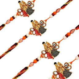 ADIVA Set Of 4 Kundan Beaded Radha & Krishna Thread Rakhis With Roli Chawal Chandan Card image 5