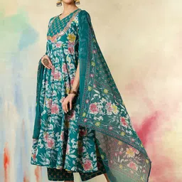 KIMAYRA Women Floral Printed Regular Thread Work Pure Cotton Kurta with Palazzos & With Dupatta image 3