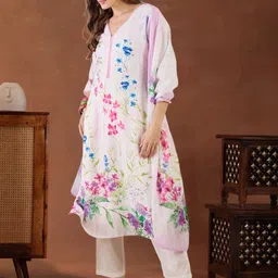 Indo Era Women Floral Printed Regular Linen Kurta with Trousers image 2