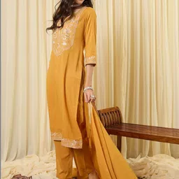 Indo Era Women Ethnic Motifs Embroidered Regular Thread Work Pure Cotton Kurta with Trousers & With Dupatta image 3