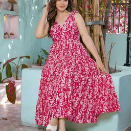 Jollity Floral Printed Tiered Cotton Fit & Flare Midi Dress-picture-11