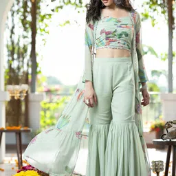 TextileNow Printed Square Neck Top & Palazzos With Shrug Co-Ords-picture-35