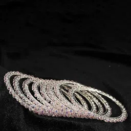 ZULKA Set of 8 Metal With Zircon Gemstone & White Pearls Stylish Trendy Bangles image 2