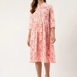 Rangun Women Floral Printed Mandarine Collar Fit and Flare Midi Dress-image-24