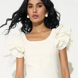 People Women Solid Ruffle Flutter Sleeves Crop Top image 2