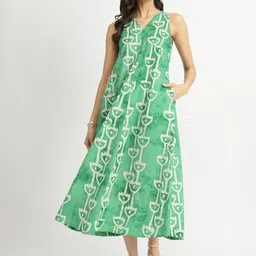Pink Fort Green Cotton Handblock Abstract Print Dress-picture-25